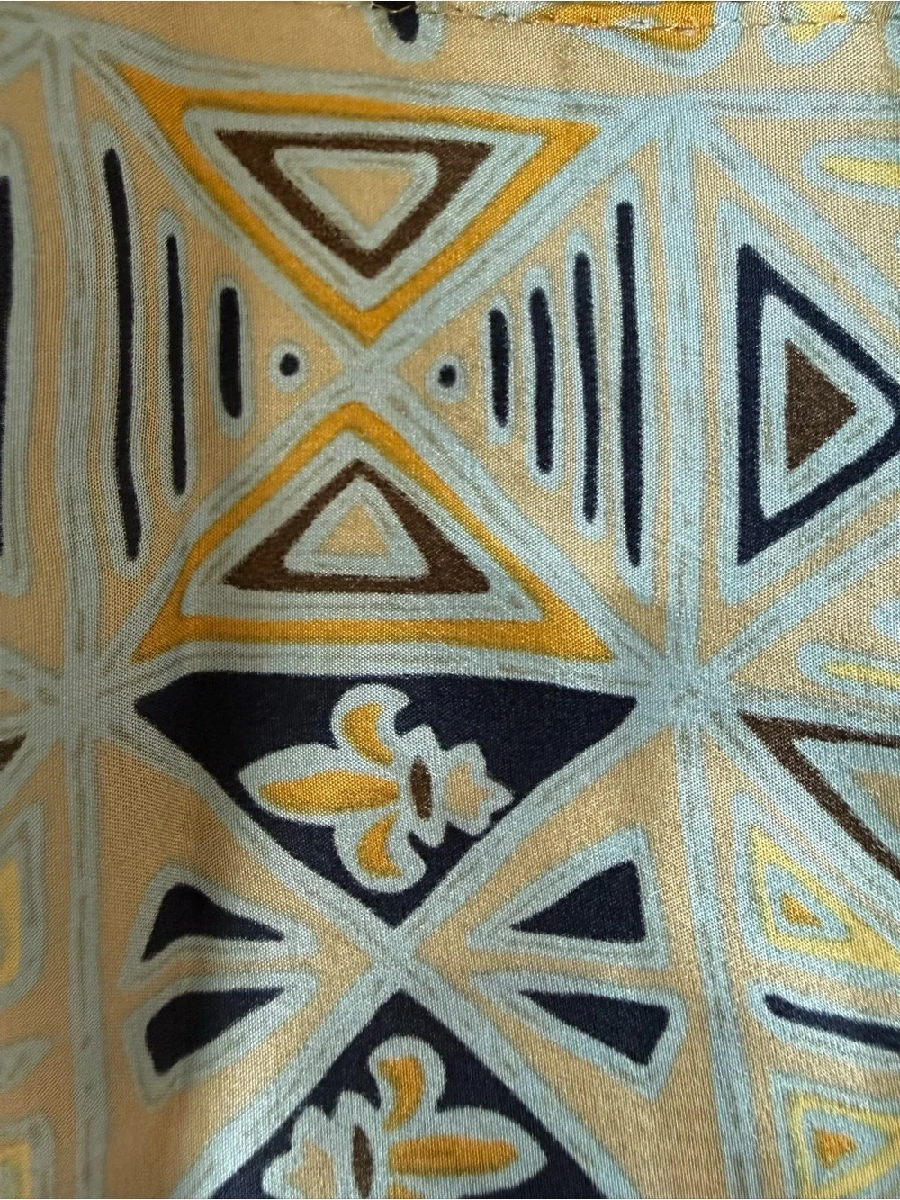 Rene Pure Soie 100% Silk Geometric Oblong Scarf Beige Blue Mustard Abstract